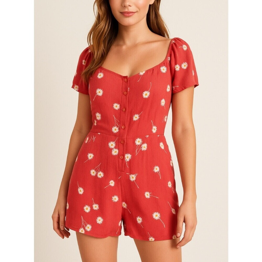 Juniors' SO Cap Sleeve Button Down Romper MEDIUM, Red Floral NEW SZ M